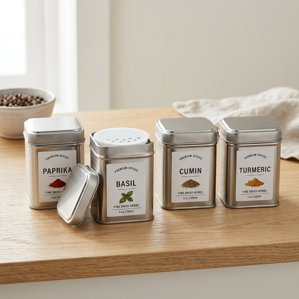 Premium Food Grade Square Spice Storage Tins with Shaker Inserts - 4 oz Capacity