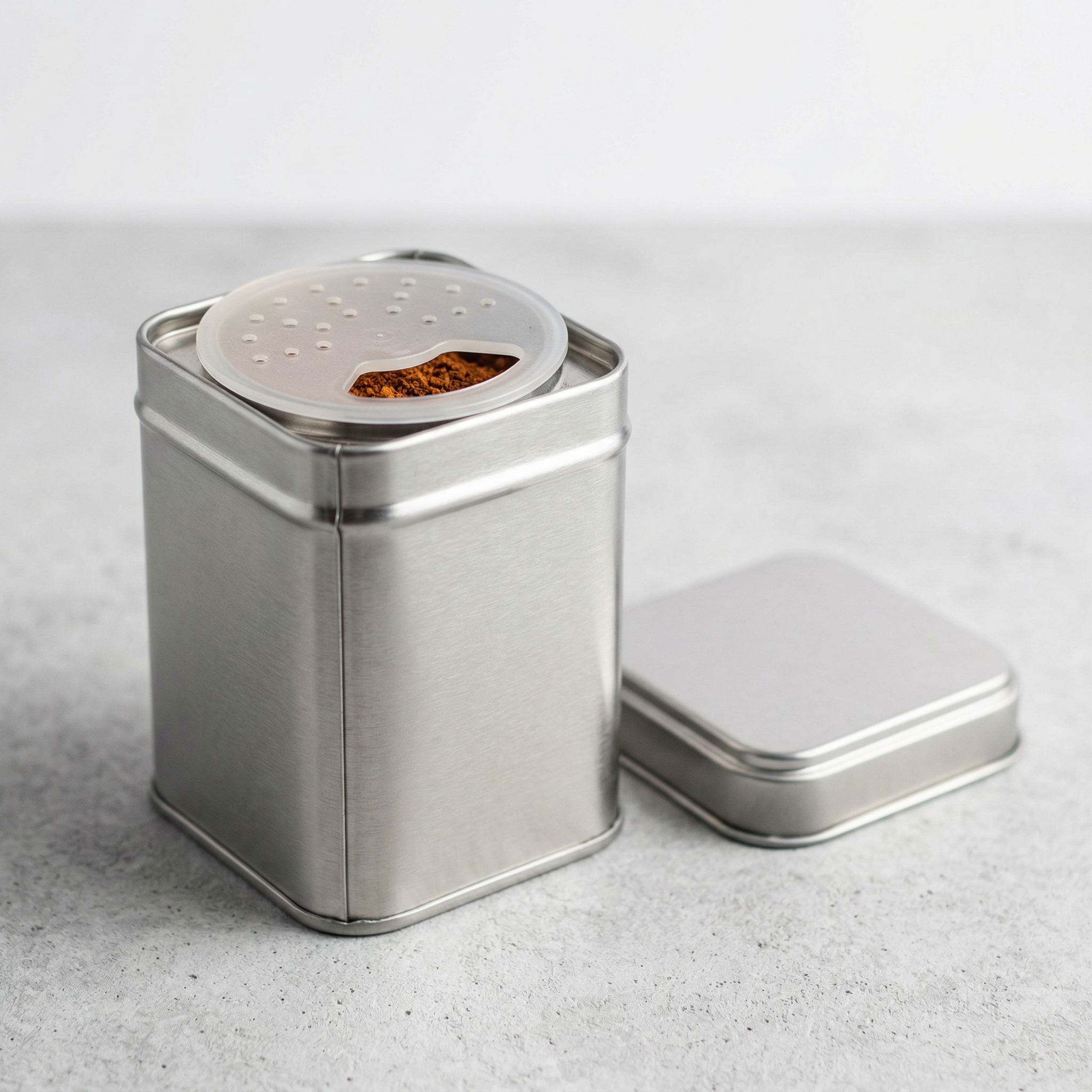 Set of several 4 oz food-grade square spice tins made of brushed tinplate steel, showing the removable shaker insert and slip cover lid, arranged neatly on a wooden surface. - 1